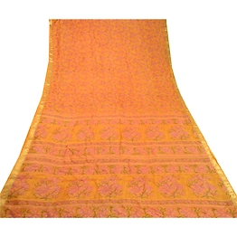 Sanskriti Vintage Saffron Sarees Pure Silk Printed Zari Border Sari Craft Fabric, PR-58276