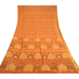 Sanskriti Vintage Mustard Indian Sarees 100% Pure Silk Printed Sari Craft Fabric, PR-58141