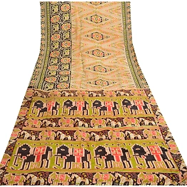Sanskriti Vintage Sarees Animal Printed Cream Pure Silk Sari Soft Craft Fabric, PR-61472