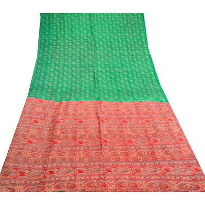 Sanskriti Vintage Green Indian Sarees 100% Pure Silk Printed Sari Craft Fabric, PR-58803
