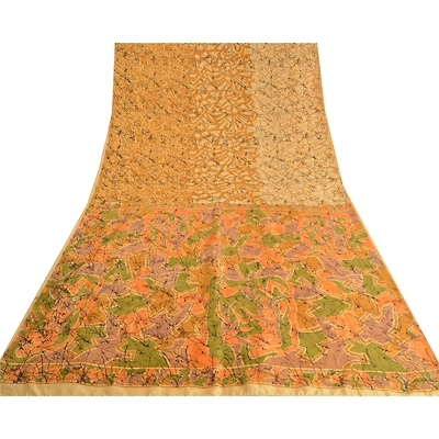 Sanskriti Vintage Golden Printed Sarees 100% Pure Silk Sari Decor Craft Fabric, PR-58784