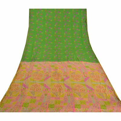 sanskriti vintage green printed sarees pure silk sari floral 5yd craft fabric, pr-58814