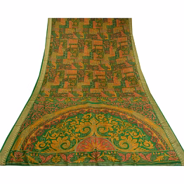 sanskriti vintage green printed sarees pure silk sari floral 5yd craft fabric, pr-58817