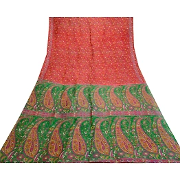 Sanskriti Vintage Sarees Red Indian 100% Pure Silk Printed Sari 5Yd Craft Fabric, PR-64002
