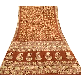 Sanskriti Vintage Sarees Batik Printed Brown 100% Pure Silk Sari Craft Fabric, PR-61153