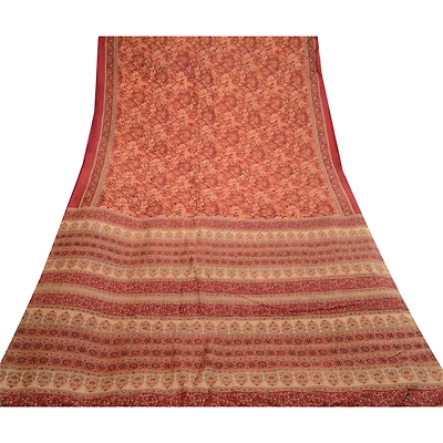 Sanskriti Vintage Dark Red Sarees 100% Pure Silk Printed Sari Craft Fabric, PR-58581