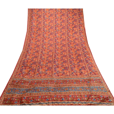 Sanskriti Vintage Sarees Indian Dark Red Pure Silk Printed Sari 5Yd Craft Fabric, PR-63925