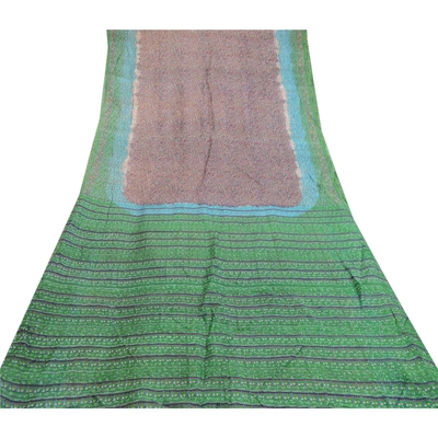 Sanskriti Vintage Sarees Blue Printed 100% Pure Silk Sari Floral Craft Fabric, PR-61371