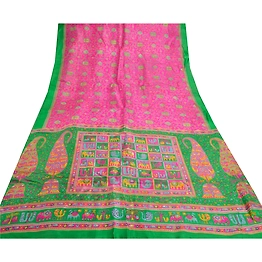 Sanskriti Vintage Pink Sarees Pure Silk Animal Printed Sari Soft Craft Fabric, PR-54835