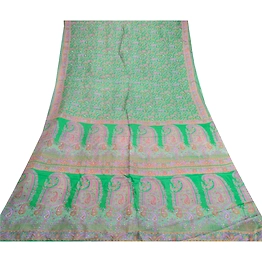 Sanskriti Vintage Sarees Indian Green 100% Pure Silk Printed Sari Craft Fabric, PR-61744