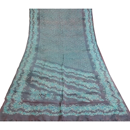 Sanskriti Vintage Sarees Blue 100% Pure Silk Printed Sari Floral Craft Fabric, PR-62112
