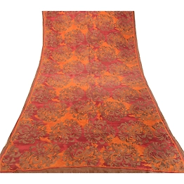 Sanskriti Vintage Sarees From India Orange Pure Silk Printed Sari Craft Fabric, PR-62222