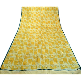 Sanskriti Vintage Sarees Indian Yellow Pure Silk Printed Sari Soft Craft Fabric, PR-63868