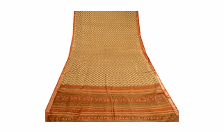 Sanskriti Vintage Cream Sarees Pure Silk Printed Zari Border Sari Craft Fabric, PR-59556