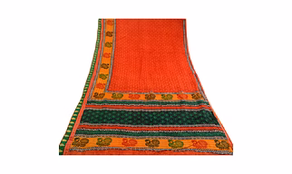Sanskriti Vintage Orange Sarees Pure Silk Peacock Printed Sari 5Yd Craft Fabric, PR-59384