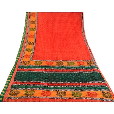 Sanskriti Vintage Orange Sarees Pure Silk Peacock Printed Sari 5Yd Craft Fabric, PR-59384