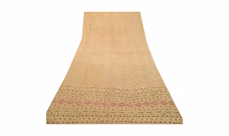 Sanskriti Vintage Sarees Cream Pure Silk Ikat Printed Sari Floral Craft Fabric, PR-64197