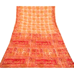 Sanskriti Vintage Sarees Red Human Animal Printed Pure Silk Sari Craft Fabric, PR-59412