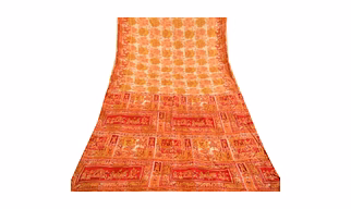 Sanskriti Vintage Sarees Red Human Animal Printed Pure Silk Sari Craft Fabric, PR-59412