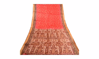 Sanskriti Vintage Red Indian Sarees Pure Silk Printed Sari Floral Craft Fabric, PR-59316