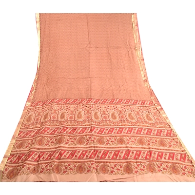 Sanskriti Vintage Brown Sarees Pure Silk Printed Zari Border Sari Craft Fabric, PR-59326