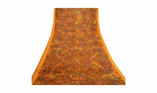 Sanskriti Vintage Sarees Saffron Pure Silk Printed Floral Sari Soft Craft Fabric, PR-61989