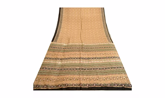 Sanskriti Vintage Sarees Beige 100% Pure Silk Printed Sari Floral Craft Fabric, PR-62040