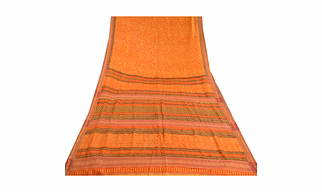 Sanskriti Vintage Sarees Orange Block Printed Pure Silk Sari Soft Craft Fabric, PR-61910