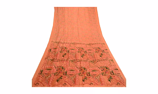 Sanskriti Vintage Sarees Peach 100% Pure Silk Printed Sari Floral Craft Fabric, PR-61930