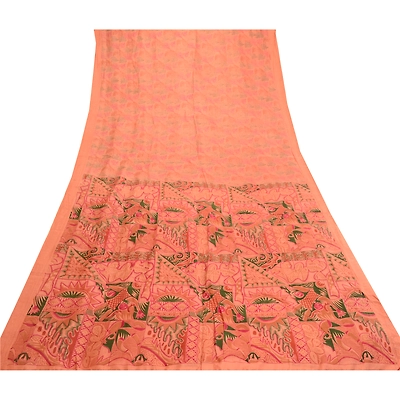 Sanskriti Vintage Sarees Peach 100% Pure Silk Printed Sari Floral Craft Fabric, PR-61930
