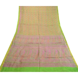 Sanskriti Vintage Sarees Green Zari Border Pure Silk Printed Sari Craft Fabric, PR-63830