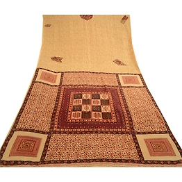 Sanskriti Vintage Cream Indian Sarees Printed Pure Silk Sari Soft Craft Fabric, PR-58926