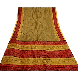 Sanskriti Vintage Mustard Yellow Sarees 100% Pure Silk Printed Sari Craft Fabric, PR-58596