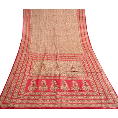 Sanskriti Vintage Red Indian Pure Silk Sarees Printed Sari Floral Craft Fabric, PR-57304