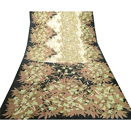 Sanskriti Vintage Sarees Indian Ivory Pure Silk Printed Sari 5Yd Craft Fabric, PR-62519