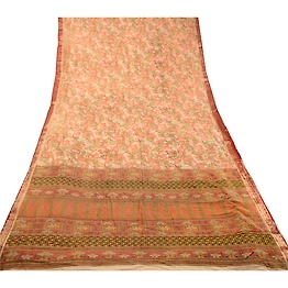 Sanskriti Vintage Cream Sarees Pure Silk Printed Sari 5Yd Floral Craft Fabric, PR-59218