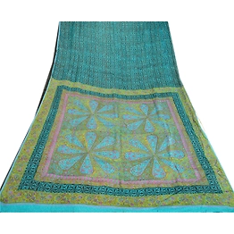 Sanskriti Vintage Sarees Indian Blue Printed Woven Pure Silk Sari Craft Fabric, PR-63964