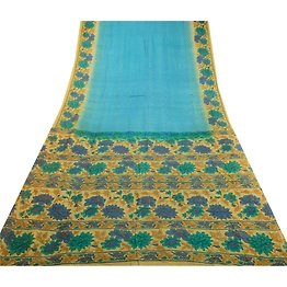 Sanskriti Vintage Sarees From India Blue Printed Pure Silk Sari 5Yd Craft Fabric, PR-63862