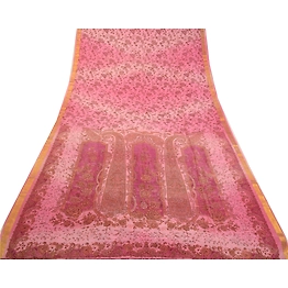 Sanskriti Vintage Sarees Pink Zari Border Pure Silk Printed Sari Craft Fabric, PR-64305