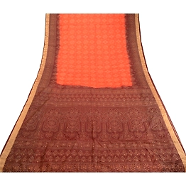 Sanskriti Vintage Sarees Orange Printed Pure Silk Sari Floral Soft Craft Fabric, PR-62430