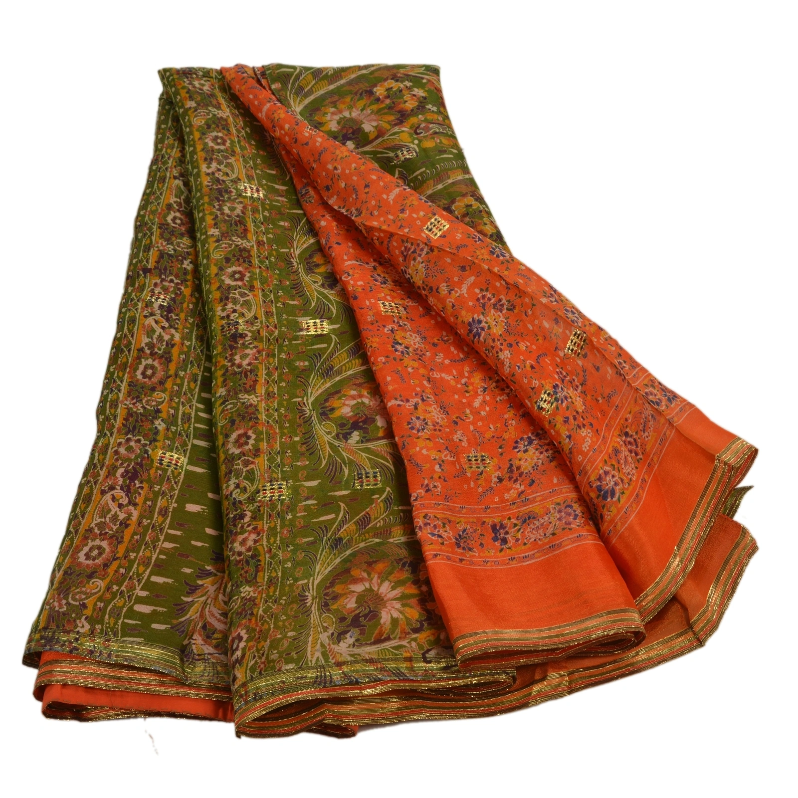 Sanskriti Vintage Orange Indian Sarees Blend Silk Printed Sewing Sari Fabric, PR-41078-Orange-Printed Floral Design-Blend Silk-1