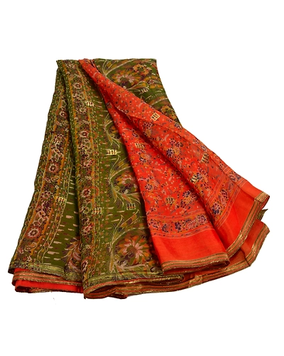 Sanskriti Vintage Orange Indian Sarees Blend Silk Printed Sewing Sari Fabric, PR-41078-Orange-Printed Floral Design-Blend Silk-1