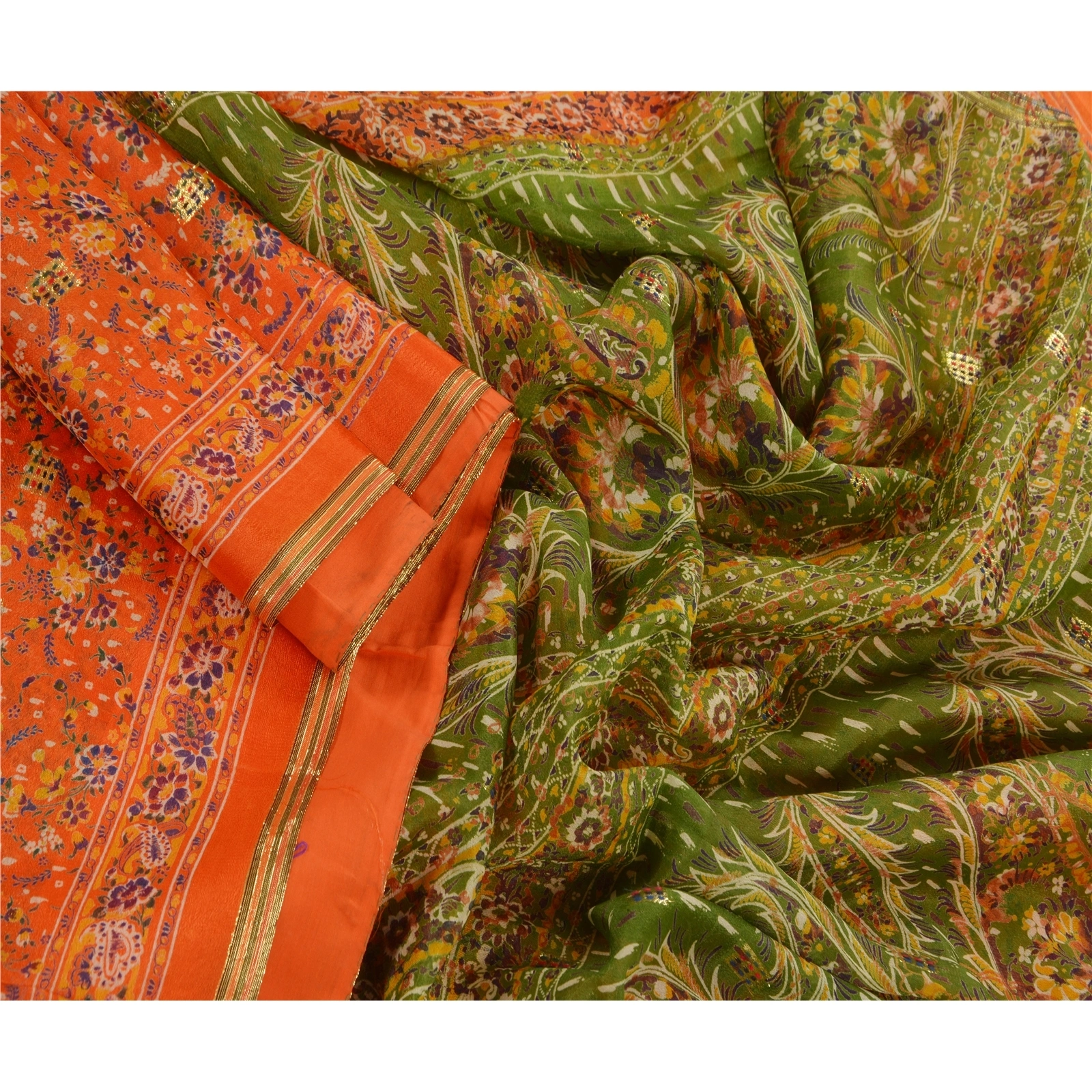 Sanskriti Vintage Orange Indian Sarees Blend Silk Printed Sewing Sari Fabric, PR-41078-Orange-Printed Floral Design-Blend Silk-3