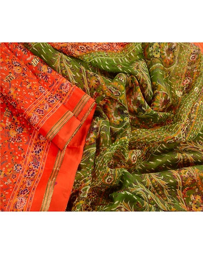Sanskriti Vintage Orange Indian Sarees Blend Silk Printed Sewing Sari Fabric, PR-41078-Orange-Printed Floral Design-Blend Silk-3