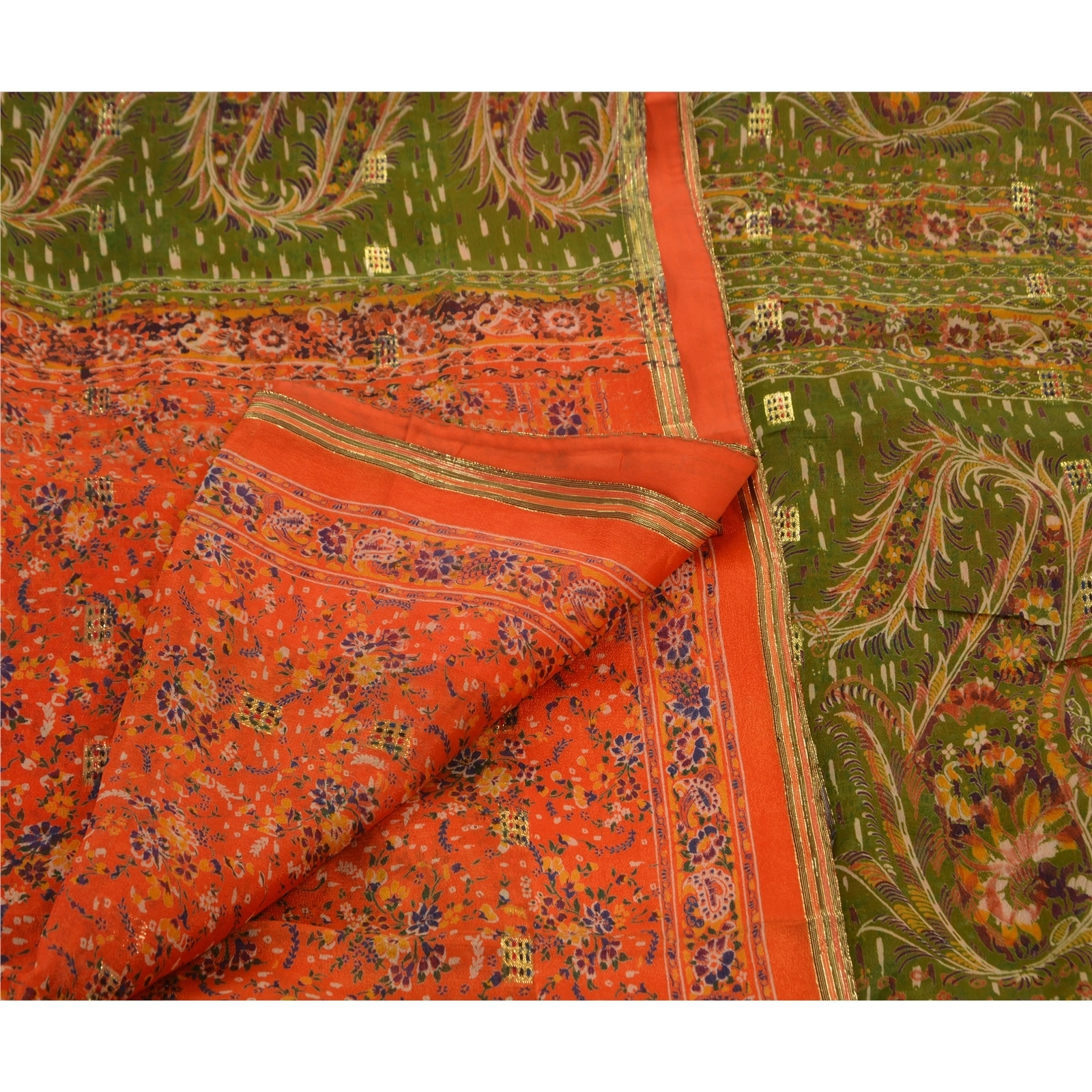 Sanskriti Vintage Orange Indian Sarees Blend Silk Printed Sewing Sari Fabric, PR-41078-Orange-Printed Floral Design-Blend Silk-4