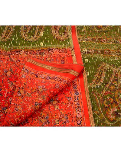 Sanskriti Vintage Orange Indian Sarees Blend Silk Printed Sewing Sari Fabric, PR-41078-Orange-Printed Floral Design-Blend Silk-4