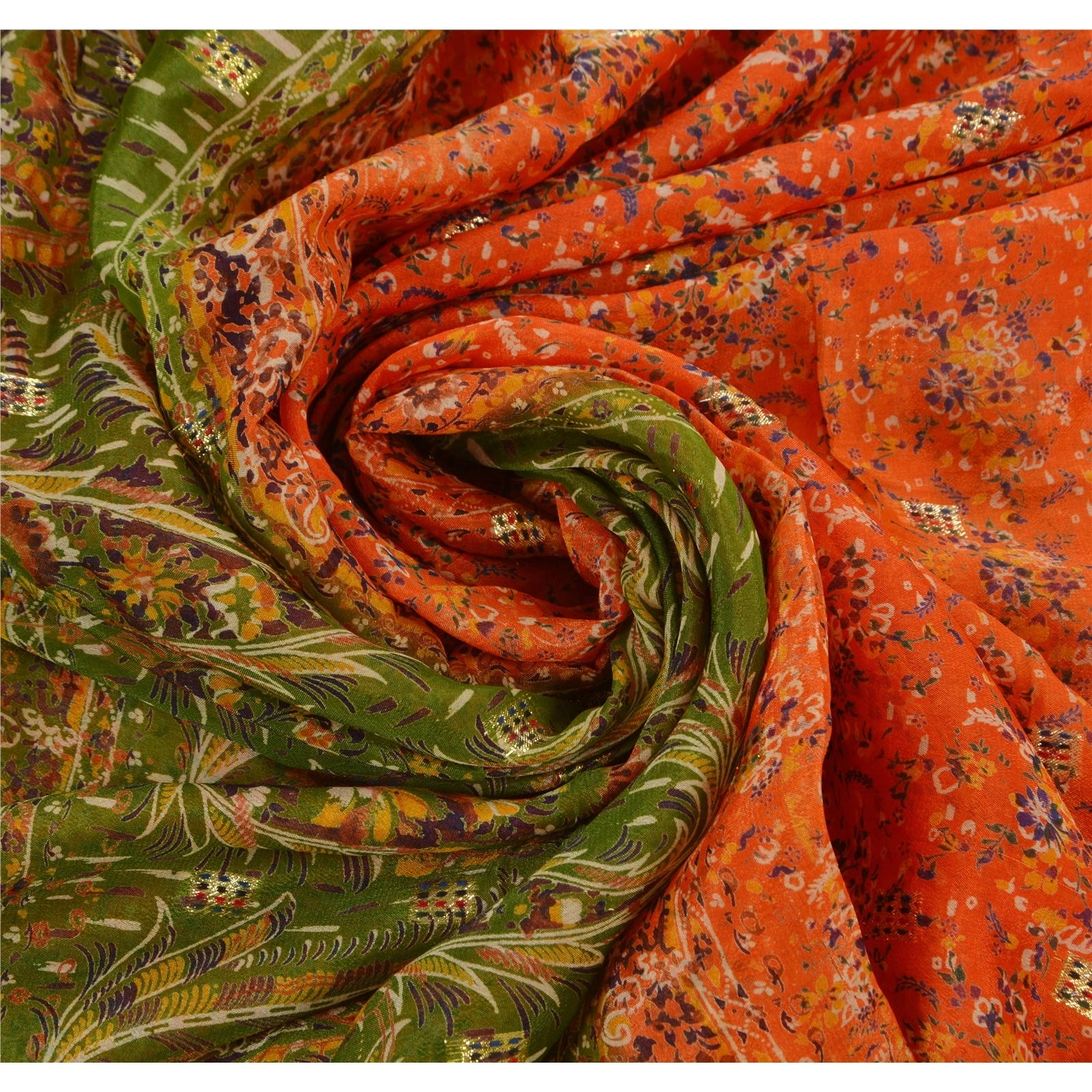 Sanskriti Vintage Orange Indian Sarees Blend Silk Printed Sewing Sari Fabric, PR-41078-Orange-Printed Floral Design-Blend Silk-5