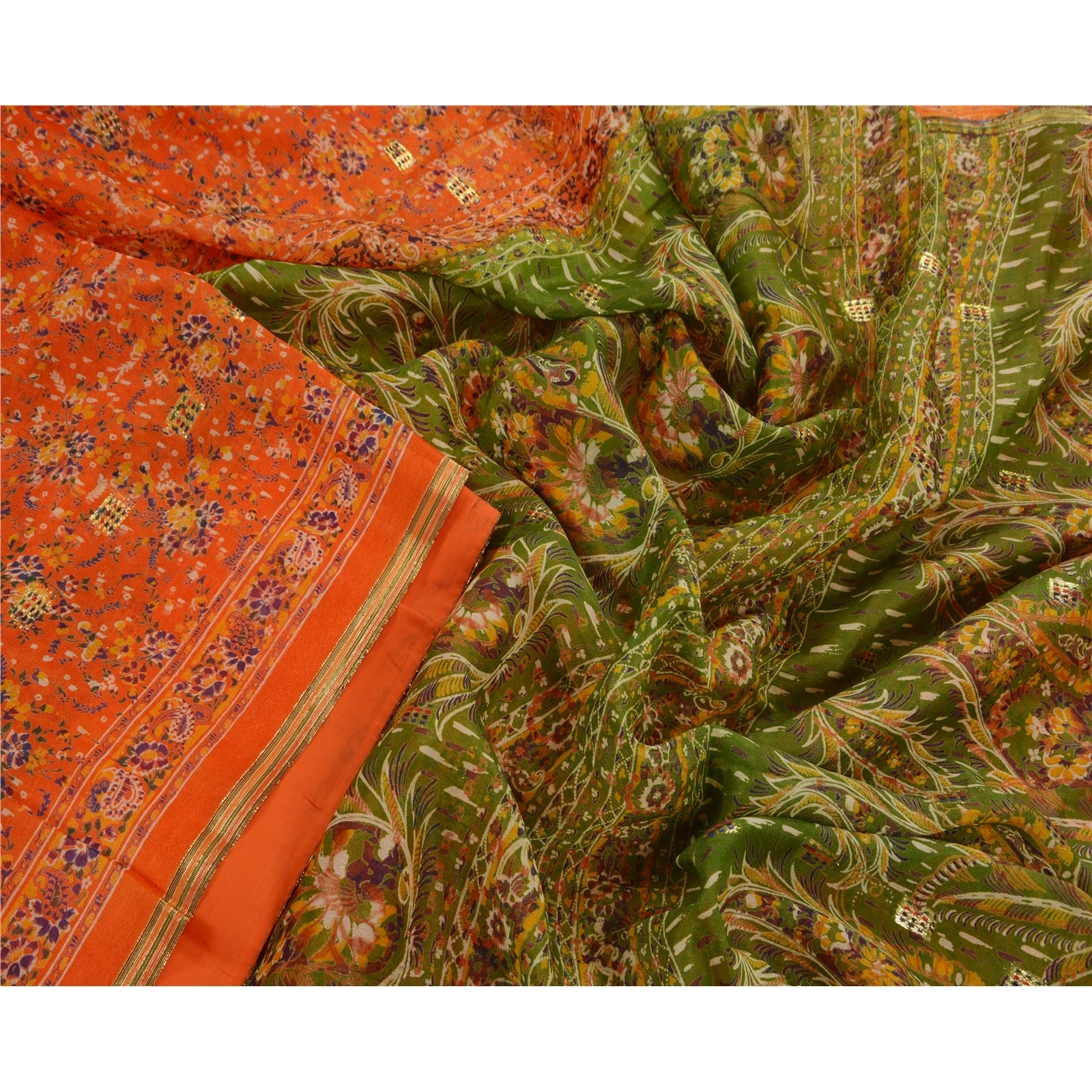 Sanskriti Vintage Orange Indian Sarees Blend Silk Printed Sewing Sari Fabric, PR-41078-Orange-Printed Floral Design-Blend Silk-6