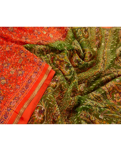 Sanskriti Vintage Orange Indian Sarees Blend Silk Printed Sewing Sari Fabric, PR-41078-Orange-Printed Floral Design-Blend Silk-6