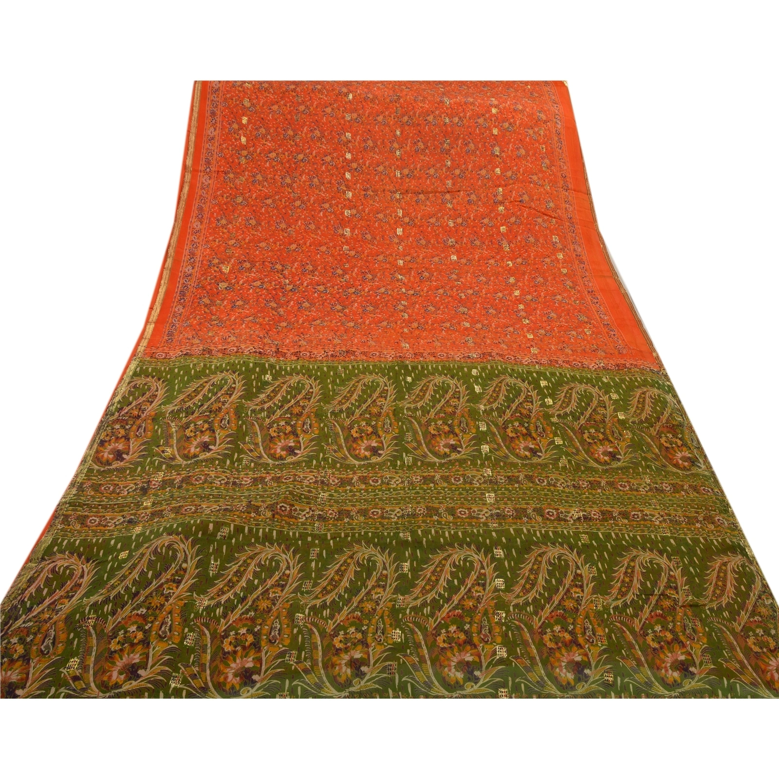 Sanskriti Vintage Orange Indian Sarees Blend Silk Printed Sewing Sari Fabric, PR-41078-Orange-Printed Floral Design-Blend Silk-7